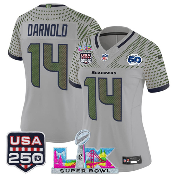 Women's Seattle Seahawks #14 Sam Darnold Gray 2025 F.U.S.E. Super Bowl LX & US 250th anniversary Patch And 50th Season Patch “Rivalries”Vapor Limited Football Stitched Jersey(Run Small)