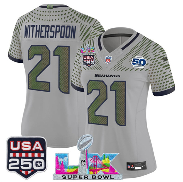 Women's Seattle Seahawks #21 Devon Witherspoon Gray 2025 F.U.S.E. Super Bowl LX & US 250th anniversary Patch And 50th Season Patch “Rivalries” Vapor Limited Football Stitched Jersey(Run Small