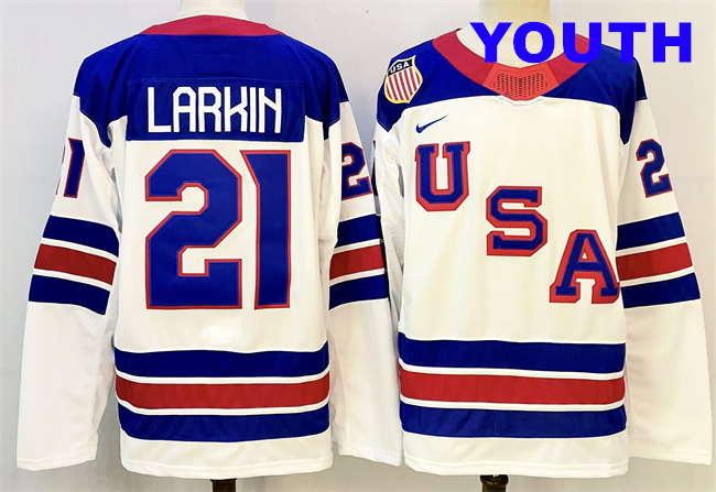 Youth USA #21 Dylan Larkin White 2025-2026 Stitched Jersey