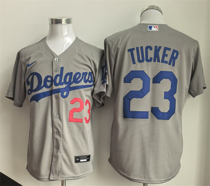 Men's Los Angeles Dodgers #23 Kyle Tucker Grey Cool Base Limited Stitched Baseball Jersey