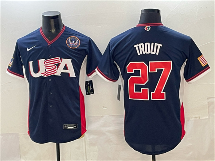 Men's USA Baseball #27 Mike Trout Navy 2026 World Baseball Classic United States 250th Anniversary Patch Road Stadium Stitched Jersey