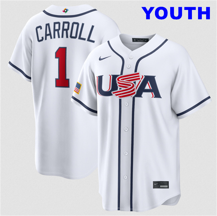 Youth USA Baseball #1 Corbin Carroll White 2026 World Baseball Classic Home Stadium Stitched Jersey