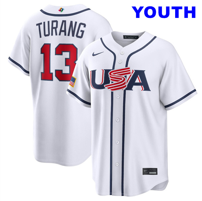 Youth USA Baseball #13 Brice Turang White 2026 World Baseball Classic Home Stadium Stitched Jersey