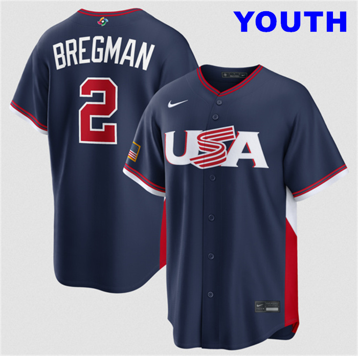 Youth USA Baseball #2 Alex Bregman Navy 2026 World Baseball Classic Road Stadium Stitched Jersey