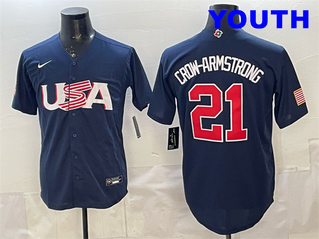 Youth USA Baseball #21 Pete Crow-Armstrong Navy 2026 WBC World Baseball Classic Stitched Jersey