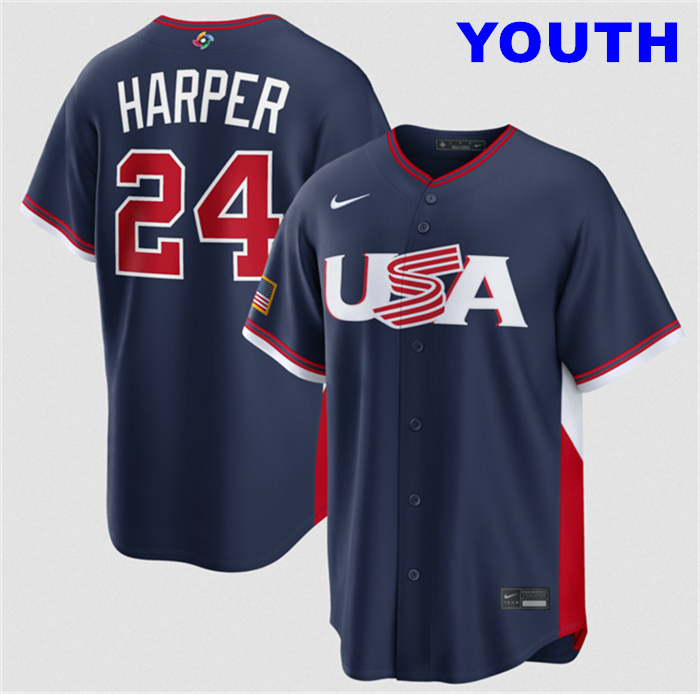 Youth USA Baseball #24 Bryce Harper Navy 2026 World Baseball Classic Road Stadium Stitched Jersey