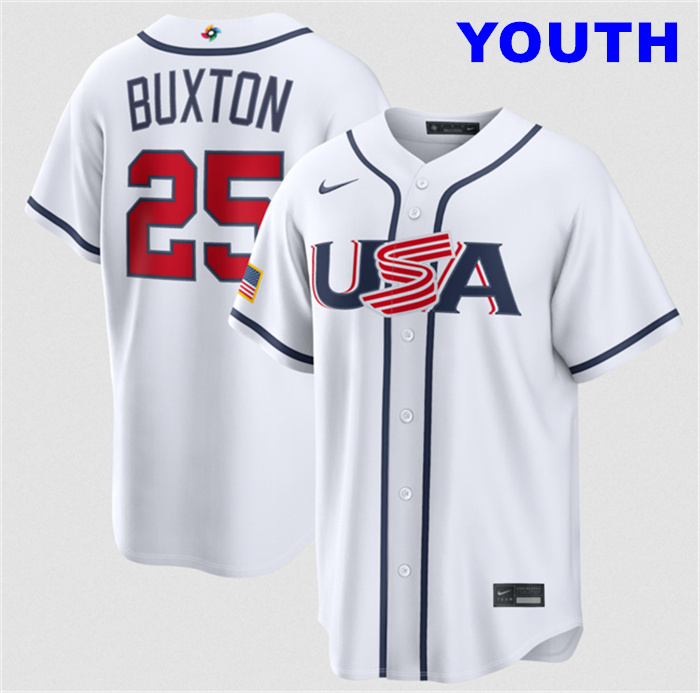 Youth USA Baseball #25 Byron Buxton White 2026 World Baseball Classic Home Stadium Stitched Jersey