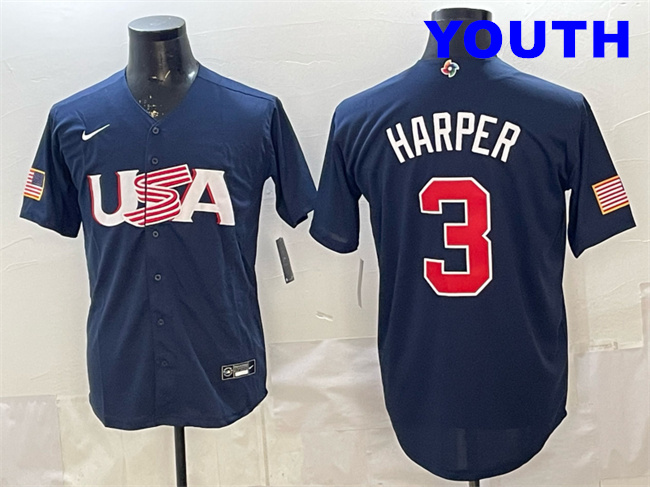 Youth USA Baseball #3 Bryce Harper Navy 2026 WBC World Baseball Classic Stitched Jersey