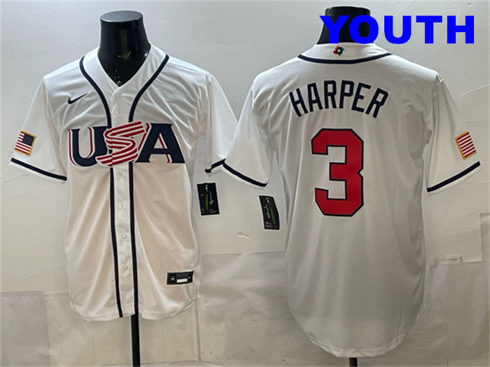 Youth USA Baseball #3 Bryce Harper White 2026 World Baseball Classic Home Stadium Stitched Jersey