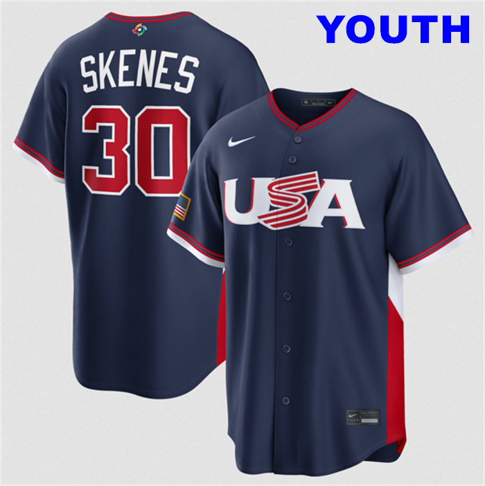 Youth USA Baseball #30 Paul Skenes Navy 2026 World Baseball Classic Road Stadium Stitched Jersey