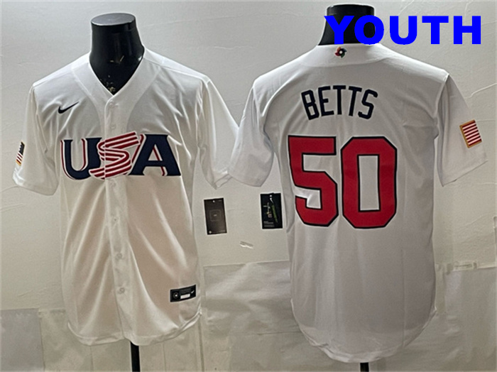 Youth USA Baseball #50 Mookie Betts White World Baseball Classic Stitched Jersey