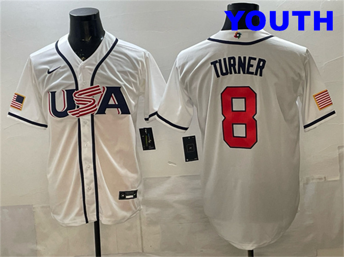 Youth USA Baseball #8 Trea Turner White 2026 World Baseball Classic Home Stadium Stitched Jersey