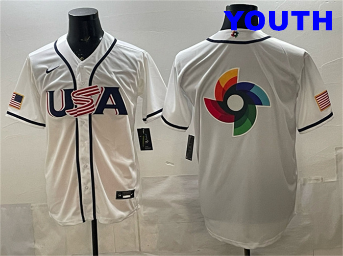 Youth USA Baseball Team Big Logo White 2026 World Baseball Classic Home Stadium Stitched Jersey