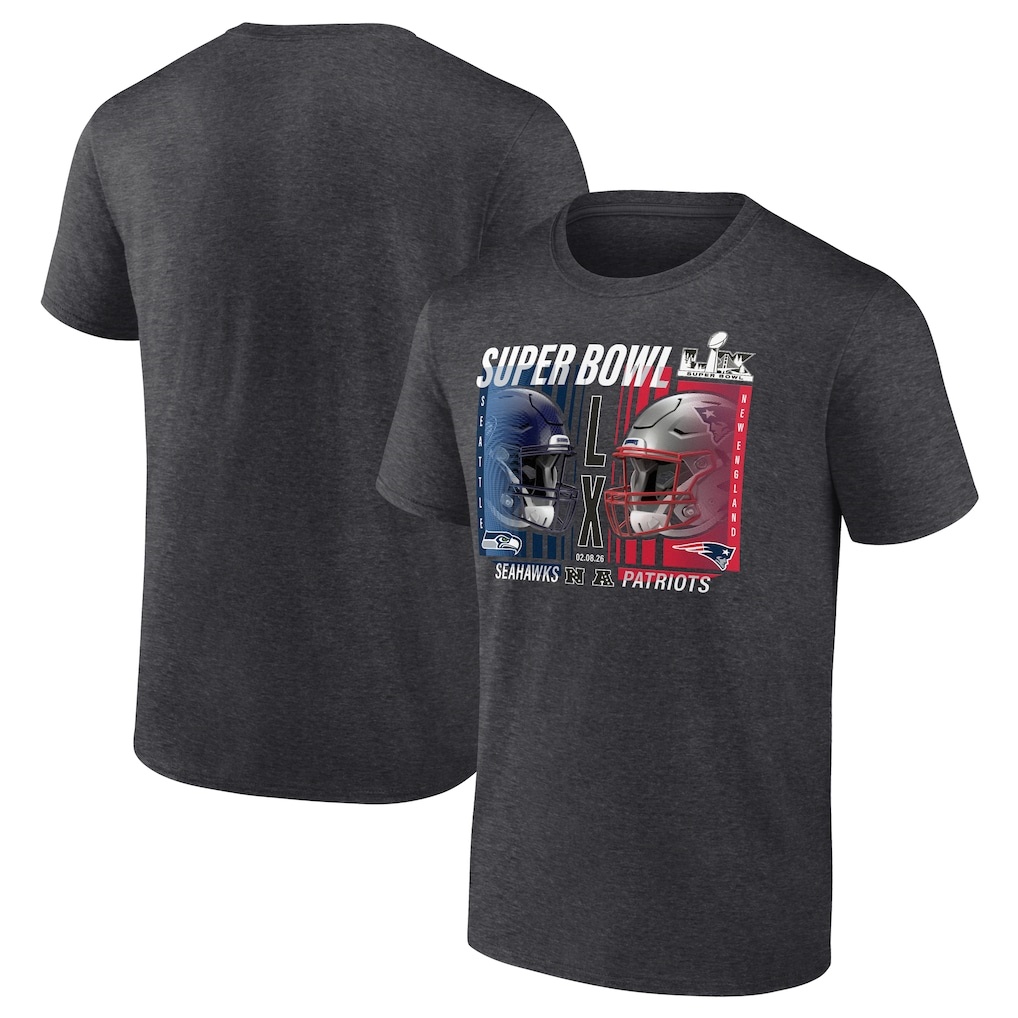 Men's Fanatics Heather Charcoal New England Patriots vs. Seattle Seahawks Super Bowl LX Big & Tall Final Battle Dueling T-Shirt