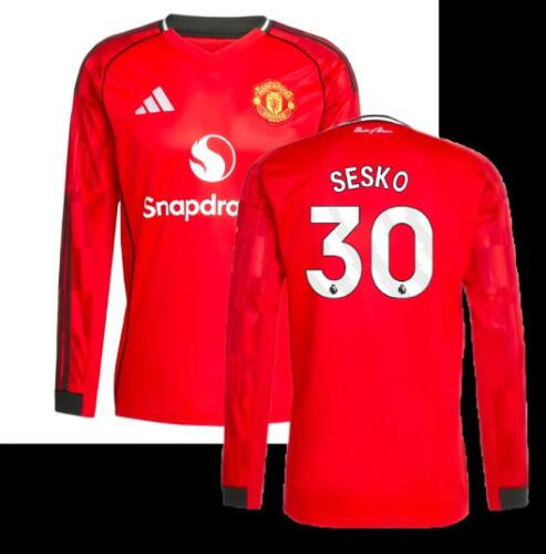 Men's Manchester United #30 Sesko 2025-26 Home Red Soccer Long Sleeve Shirt Jersey