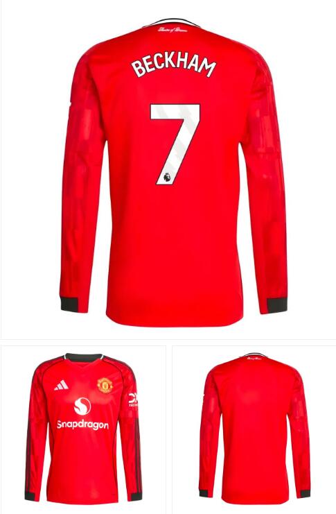 Men's Manchester United #7 Beckham 2025-26 Home Red Soccer Long Sleeve Shirt Jersey