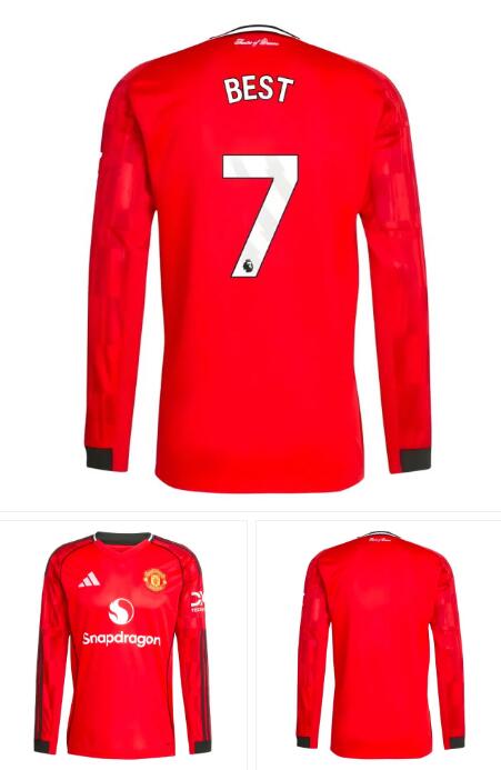 Men's Manchester United #7 Best 2025-26 Home Red Soccer Long Sleeve Shirt Jersey