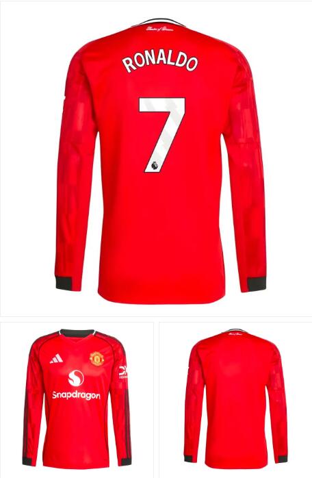 Men's Manchester United #7 Ronaldo 2025-26 Home Red Soccer Long Sleeve Shirt Jersey