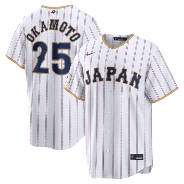 Japan #25 Kazuma Okamoto 2026 World Baseball Classic Jersey White Pinstripe