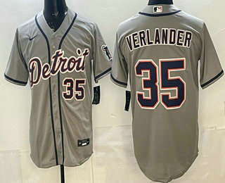Men's Detroit Tigers #35 Justin Verlander Grey Number Cool Base Jersey