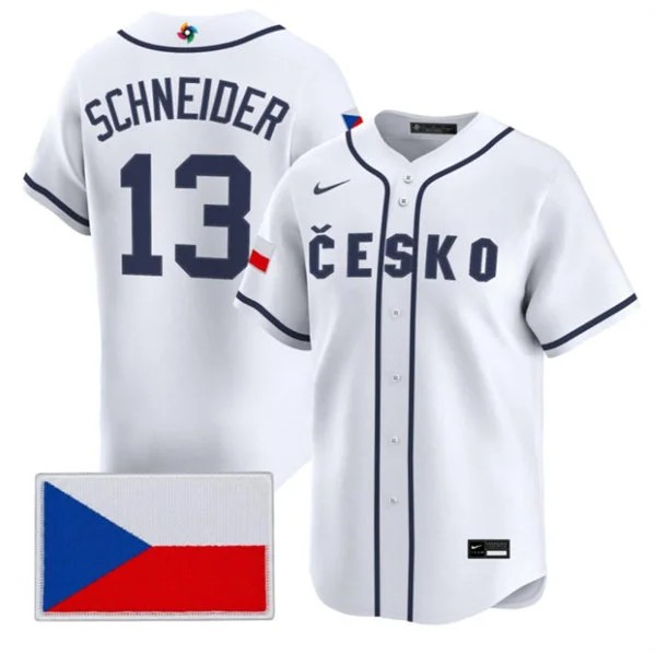 Czech Republic Baseball #13 Martin Schneider Nike White 2026 World Baseball Classic Jersey