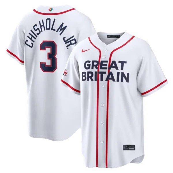 Great Britain Baseball #3 Jazz Chisholm Jr. Nike White 2026 World Baseball Classic Home Stadium Jersey