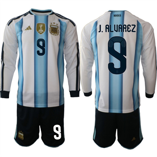 Men's Argentina #9 J.ALUAREZ Long Sleeve National Team FIFA x World Cup 2026 Home White On Field Jersey