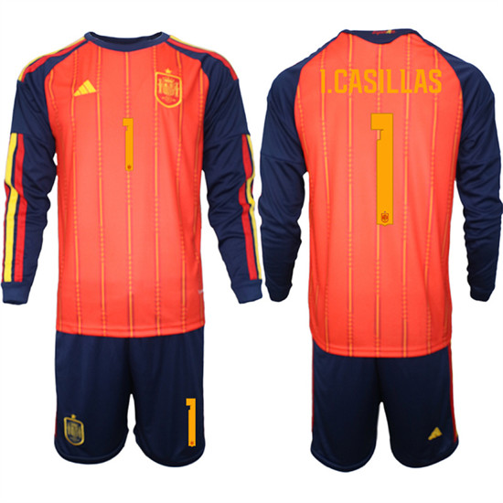 Men's Spain #1 I.CASILLAS National Team FIFA x World Cup 2026 Long Sleeve Home Red On Field Jerseys