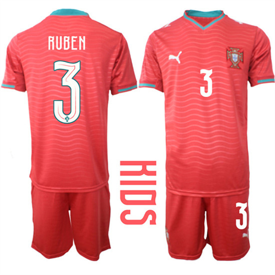 Youth Portugal #3 RUBEN National Team FIFA x World Cup 2026 Home Red On Eusebio special edition Kids Jersey