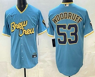 Men's Milwaukee Brewers #53 Brandon Woodruff Powder Blue 2022 City Connect Cool Base Jersey