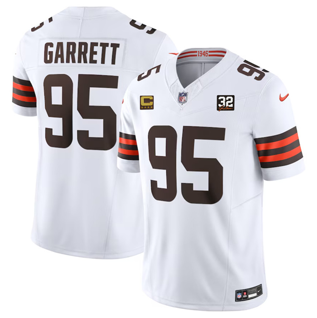 Men's Cleveland Browns #95 Myles Garrett Brown 2023 F.U.S.E. With 4-Star C Patch And Jim Brown Memorial Patch Vapor Untouchable Limited Football white Stitched Jersey