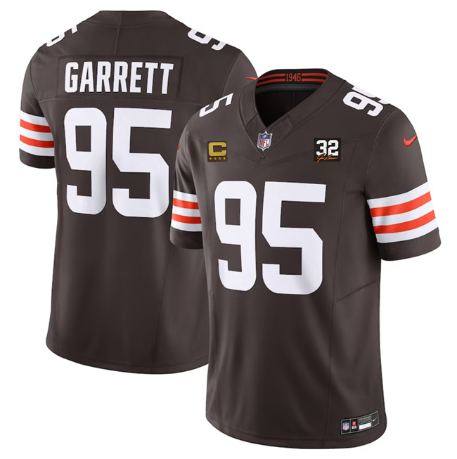Men's Cleveland Browns #95 Myles Garrett Brown 2023 F.U.S.E. With 4-Star C Patch And Jim Brown Memorial Patch Vapor Untouchable Limited Football Brown Stitched Jersey