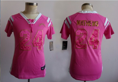 Nike San Diego Chargers #24 Ryan Mathews Drilling Sequins Pink Womens Jersey