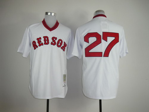 Boston Red Sox #27 Carlton Fisk 1975 White Throwback Jersey