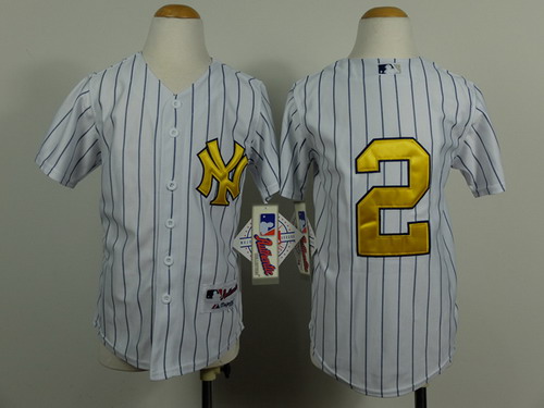 New York Yankees #2 Derek Jeter White With Gold Kids Jersey