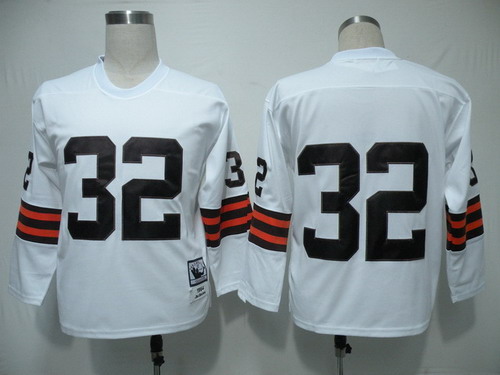 Cleveland Browns #32 Jim Brown White Long-Sleeved Throwback Jersey
