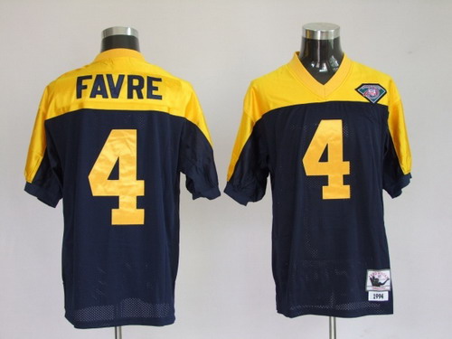 Green Bay Packers #4 Brett Favre Navy Blue With Yellow 75TH Throwback Jersey