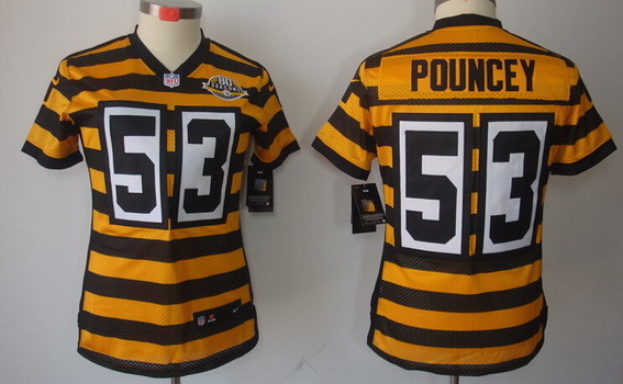 Nike Pittsburgh Steelers #53 Maurkice Pouncey Yellow With Black Throwback 80TH Womens Jersey