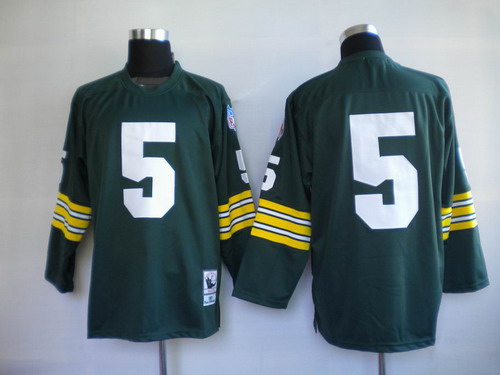 Green Bay Packers #5 Paul Hornung Green Long-Sleeved Throwback  Jersey