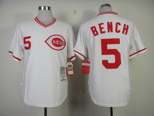 Cincinnati Reds #5 Johnny Bench 1975 White Throwback jersey