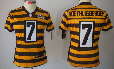 Nike Pittsburgh Steelers #7 Ben Roethlisberger Yellow With Black Throwback 80TH Womens Jersey