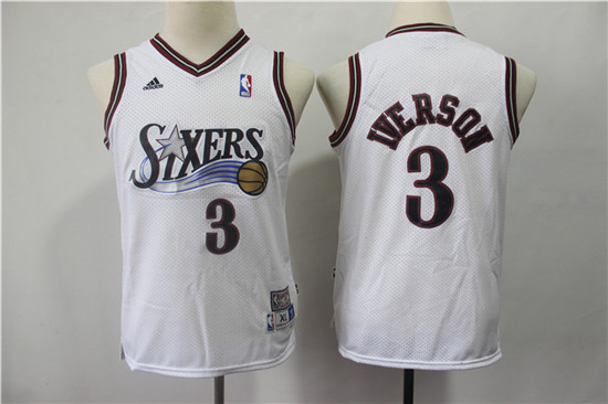 76ers 3 Allen Iverson White Youth Hardwood Classics Jersey