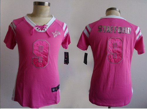 Nike Detroit Lions #9 Matthew Stafford Drilling Sequins Pink Womens Jersey