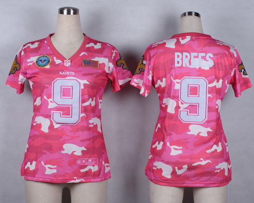 Nike New Orleans Saints #9 Drew Brees 2014 Salute to Service Pink Camo Womens Jersey