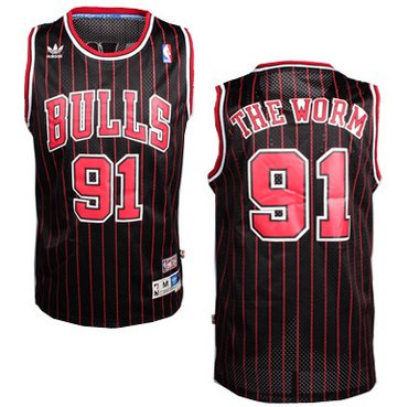 Chicago Bulls #91 The Worm Nickname Black Pinstripe Swingman Throwback Jersey
