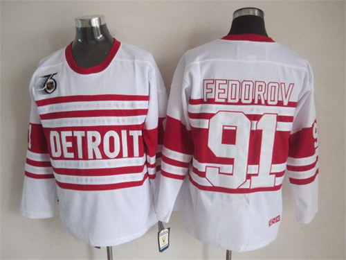 Detroit Red Wings #91 Sergei Fedorov White 75TH Throwback CCM Jersey