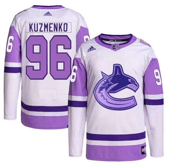 Andrei Kuzmenko Vancouver Canucks #96 Adidas Authentic White-Purple Hockey Fights Cancer Primegreen Jersey