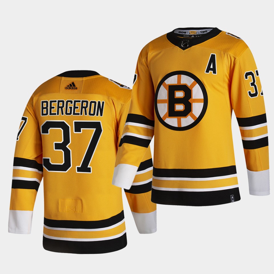 Boston Bruins #37 Patrice Bergeron 2021 Reverse Retro Gold Authentic Jersey Gold