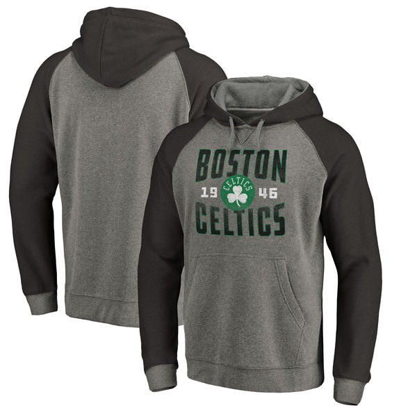 Boston Celtics Fanatics Branded Ash Antique Stack Tri Blend Raglan Pullover Hoodie