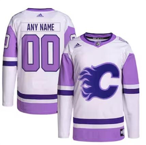 Calgary Flames adidas Hockey Fights Cancer Primegreen Men/Women/Youth Unisex Authentic Custom White-Purple Jersey